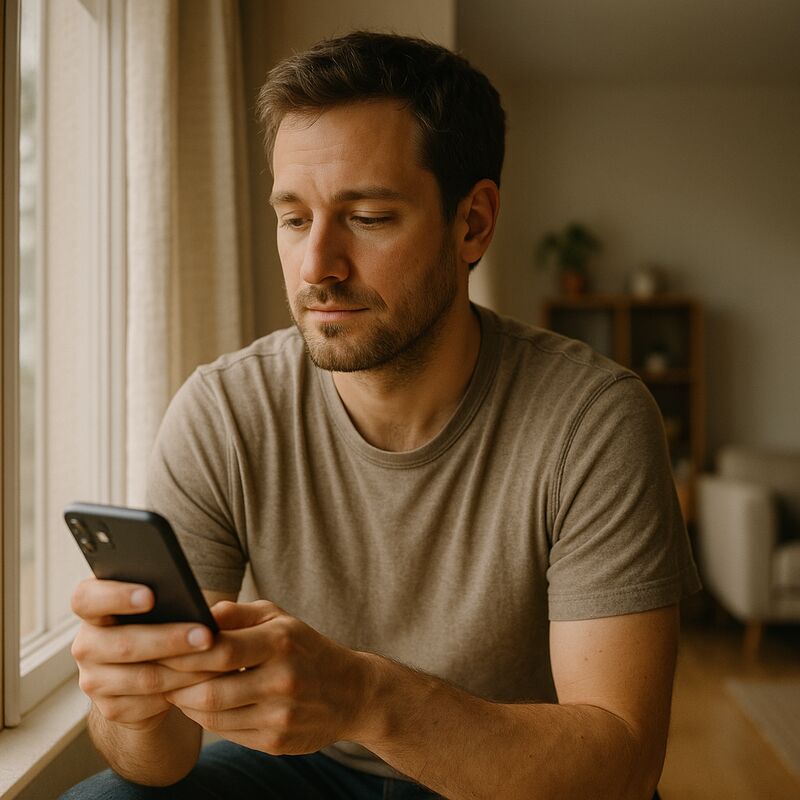 Man sitting by a window in soft morning light, looking thoughtfully at his phone
