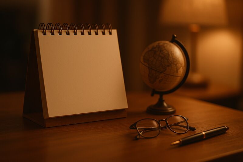 Calendar and world map motif suggesting time zones and travel planning