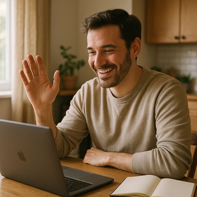 Man smiling during a warm, casual video call at home