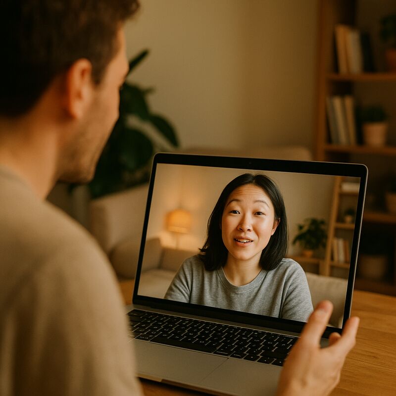 Two people on a warm, respectful video call, both genuinely engaged in conversation