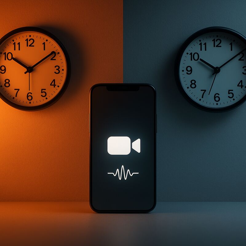 Conceptual image of two clocks in different time zones connected by a glowing phone screen