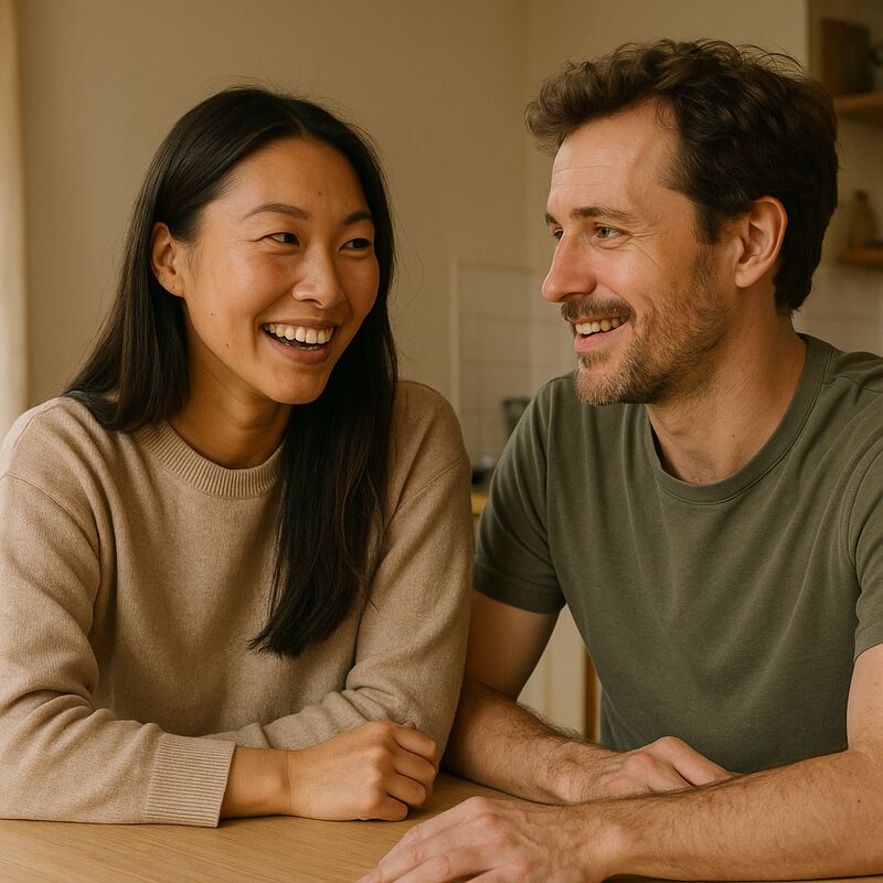 A couple talking warmly and openly at home
