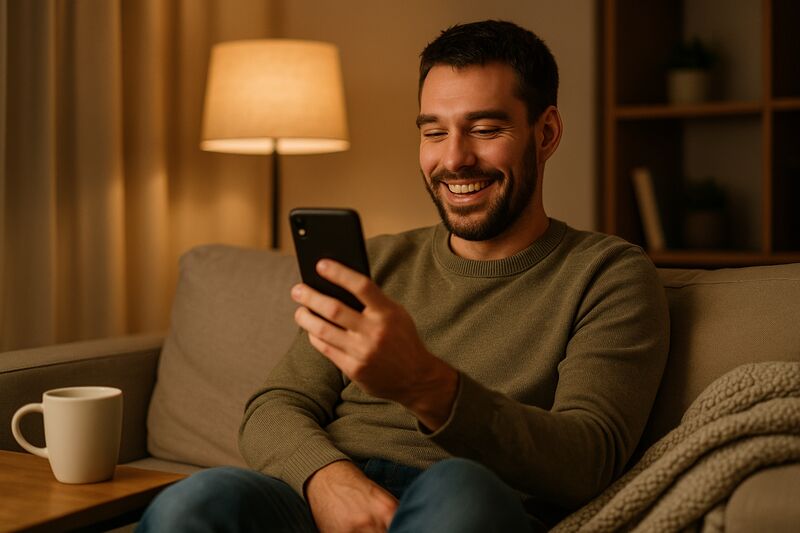 A man relaxing at home while on a warm, friendly video call on his phone