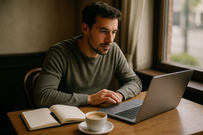A man casually researching on a laptop at a cafe table