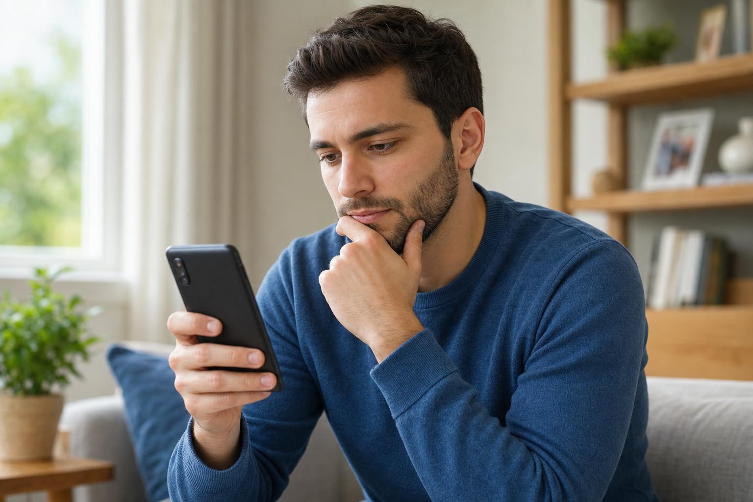 A man thoughtfully reviewing messages on his phone