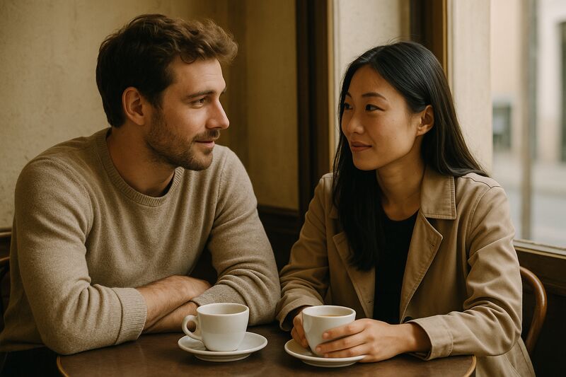 A couple sitting close together at a café table in genuine conversation, making eye contact