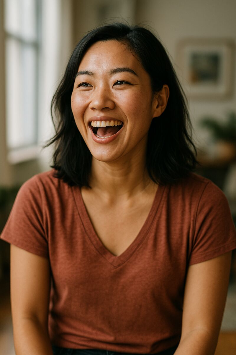 A confident Asian woman laughing mid-conversation