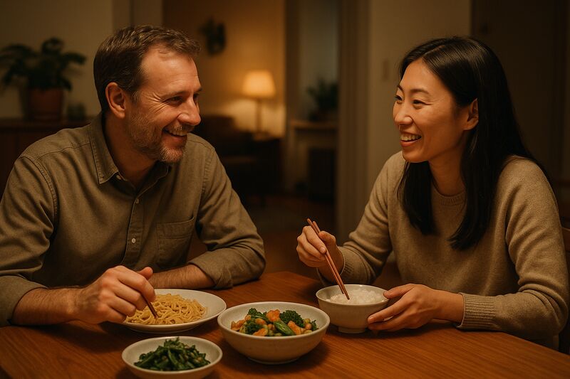 A couple sharing a meal together and talking