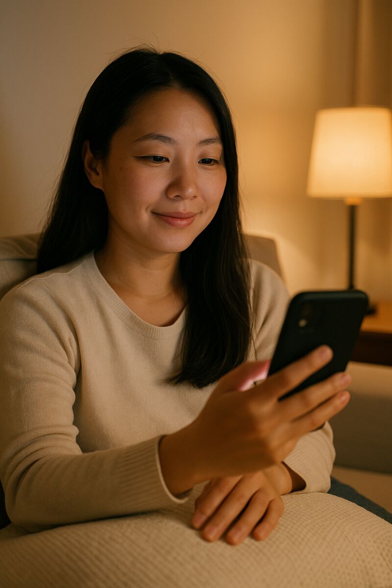 A woman comfortably video-calling on her phone in a relaxed setting