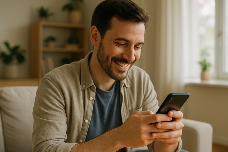 A man smiling warmly while looking at a dating app conversation on his phone in a bright, everyday setting