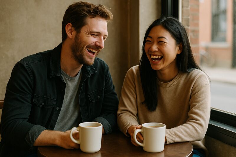 A Western man and an Asian woman sharing a genuine, relaxed moment together in conversation