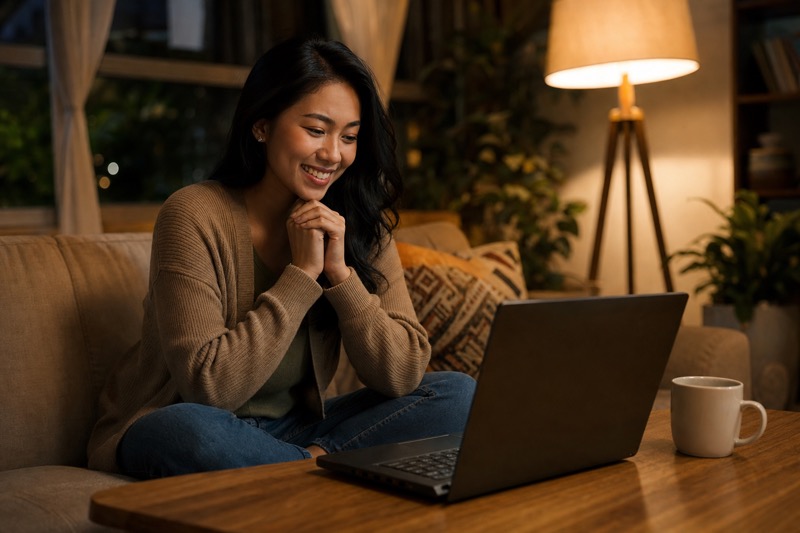 A woman smiling during a warm video call with her partner on a laptop screen facing her
