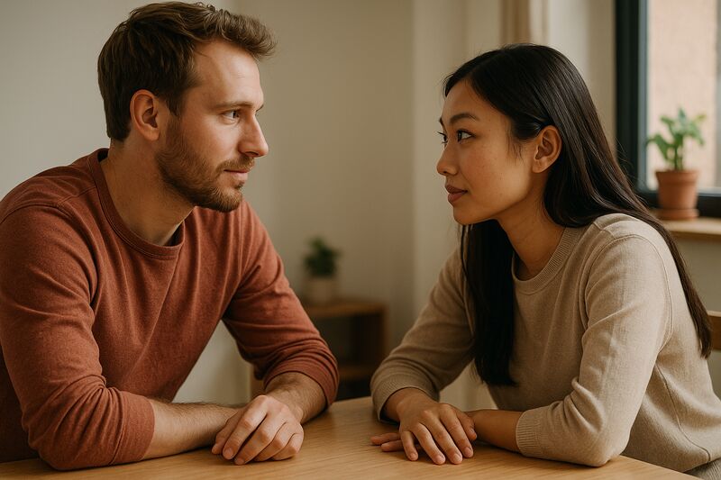 Two people in genuine, attentive conversation across a table, representing trust and communication