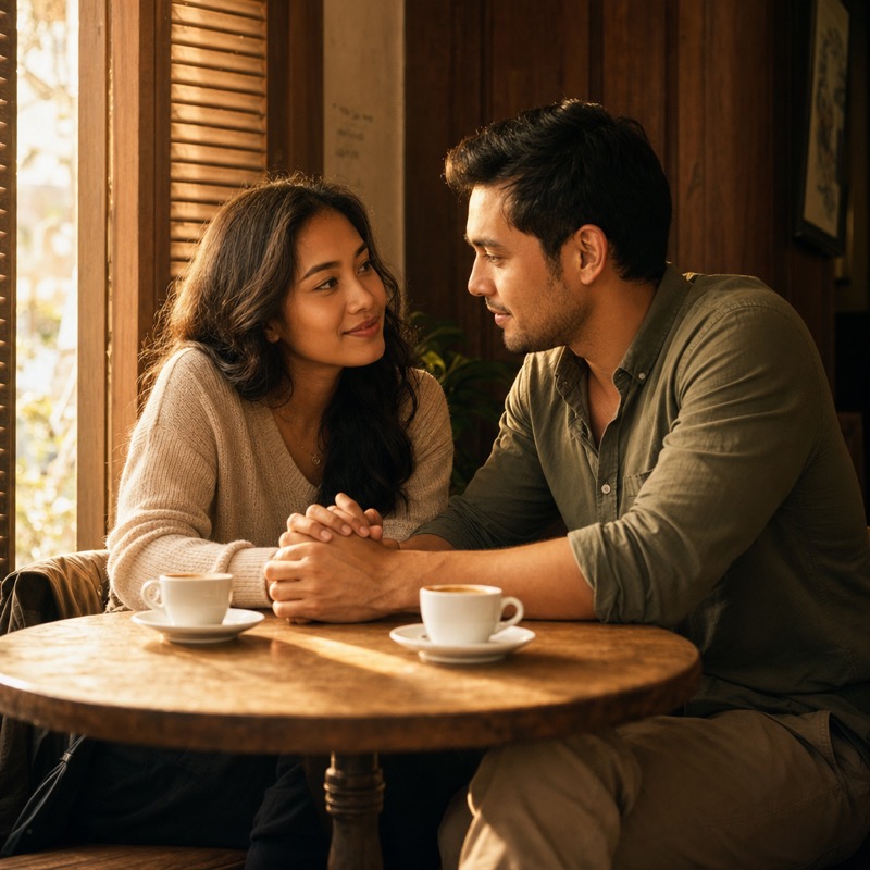 A man and woman sitting together at a café table, relaxed and equal, genuinely engaged in conversation