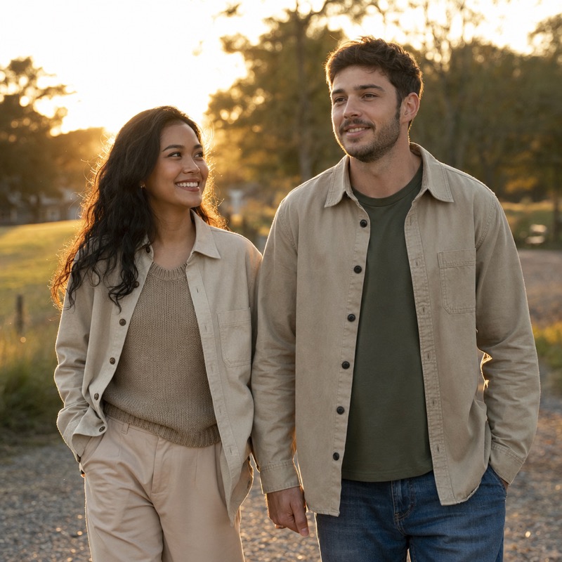 A man and woman walking slowly together outdoors at golden hour, relaxed and unhurried