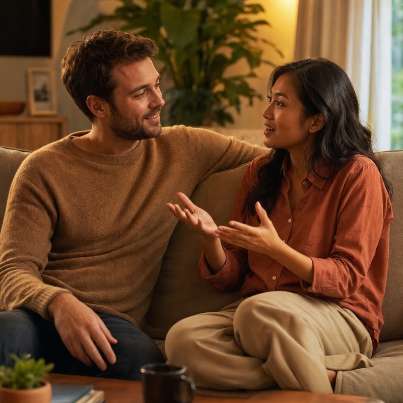 A man and woman in a warm, patient conversation in a comfortable home setting